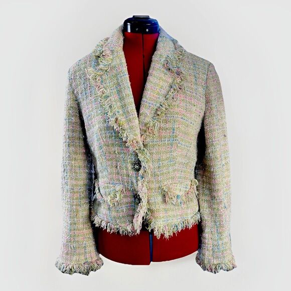 Tweed Fringe Fairy Jacket Y2K Clueless Pastel, Parisian Bouclé Blazer Plaid VTG - Picture 2 of 16